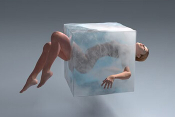 Graphic showing the body of a woman within an Ice cube