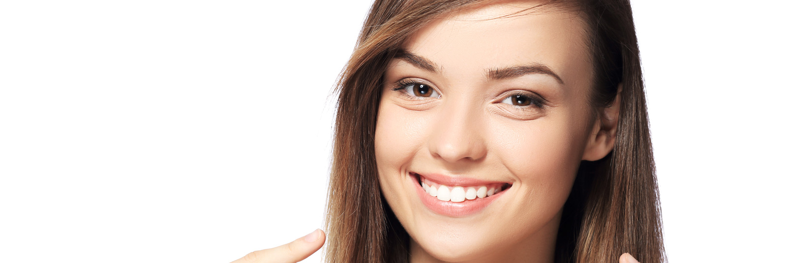 Woman Pointing at her teeth